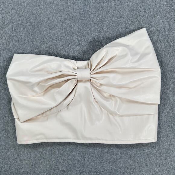 Day + Moon Bow Tube Top Size Large Cream Faux Leather Cropped Smocked Strapless - Picture 1 of 6